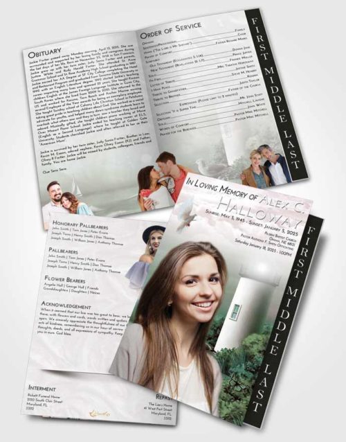2 Page Graduated Step Fold Funeral Program Template Brochure Morning Lighthouse Mystery
