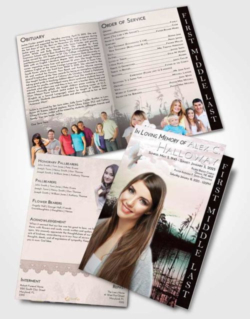 2 Page Graduated Step Fold Funeral Program Template Brochure Morning Serenity Lake