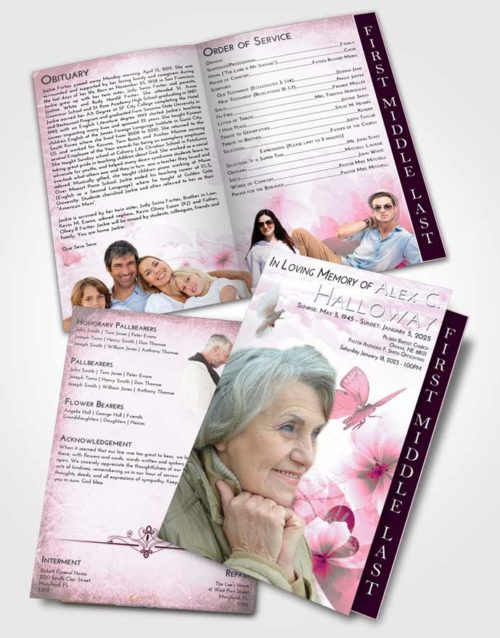 2 Page Graduated Step Fold Funeral Program Template Brochure Pink Faith Floral Butterfly