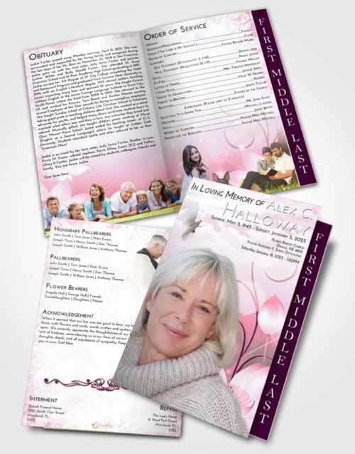 2 Page Graduated Step Fold Funeral Program Template Brochure Pink Faith Floral Peace