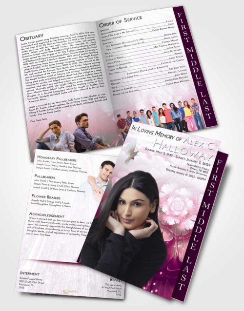 2 Page Graduated Step Fold Funeral Program Template Brochure Pink Faith Floral Secret