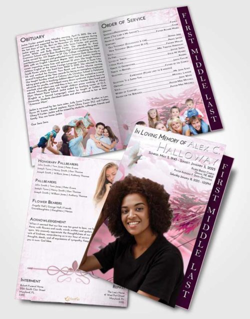 2 Page Graduated Step Fold Funeral Program Template Brochure Pink Faith Floral Style