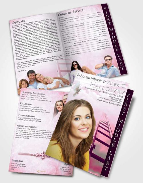 2 Page Graduated Step Fold Funeral Program Template Brochure Pink Faith Stairway to Forever