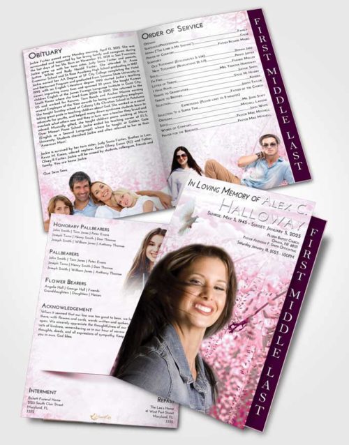 2 Page Graduated Step Fold Funeral Program Template Brochure Pink Faith Whispering Flowers