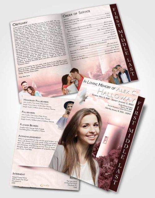 2 Page Graduated Step Fold Funeral Program Template Brochure Pink Serenity Lighthouse Mystery