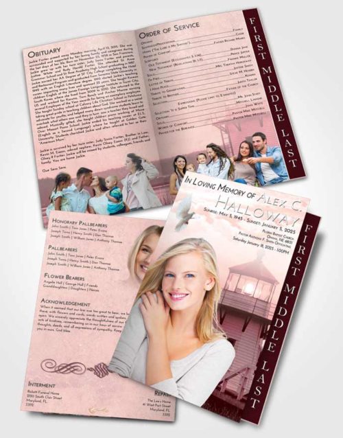 2 Page Graduated Step Fold Funeral Program Template Brochure Pink Serenity Lighthouse Surprise