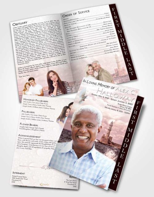 2 Page Graduated Step Fold Funeral Program Template Brochure Pink Serenity Lighthouse in the Tides