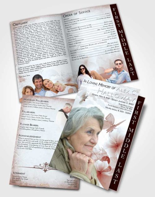 2 Page Graduated Step Fold Funeral Program Template Brochure Ruby Love Floral Butterfly