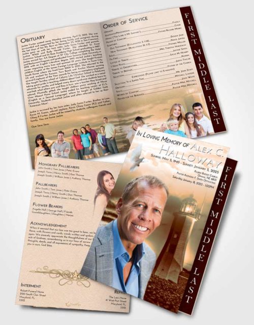 2 Page Graduated Step Fold Funeral Program Template Brochure Soft Dusk Lighthouse Magnificence