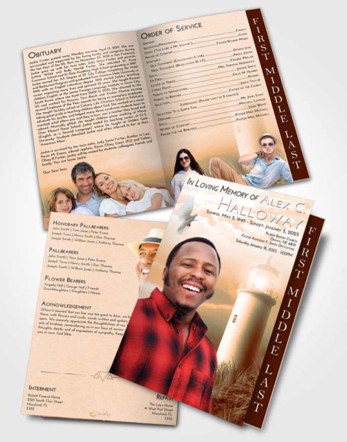 2 Page Graduated Step Fold Funeral Program Template Brochure Soft Dusk Lighthouse Serenity