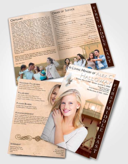 2 Page Graduated Step Fold Funeral Program Template Brochure Soft Dusk Lighthouse Surprise