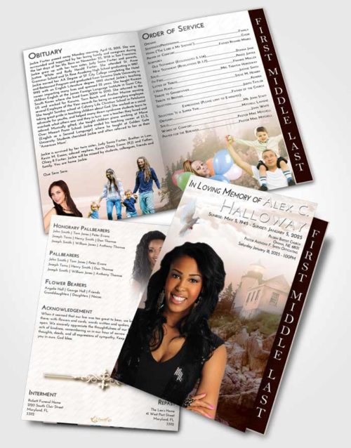 2 Page Graduated Step Fold Funeral Program Template Brochure Soft Dusk Lighthouse on the Rocks