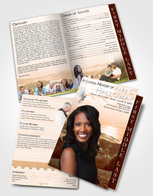 2 Page Graduated Step Fold Funeral Program Template Brochure Soft Dusk Misty Forest
