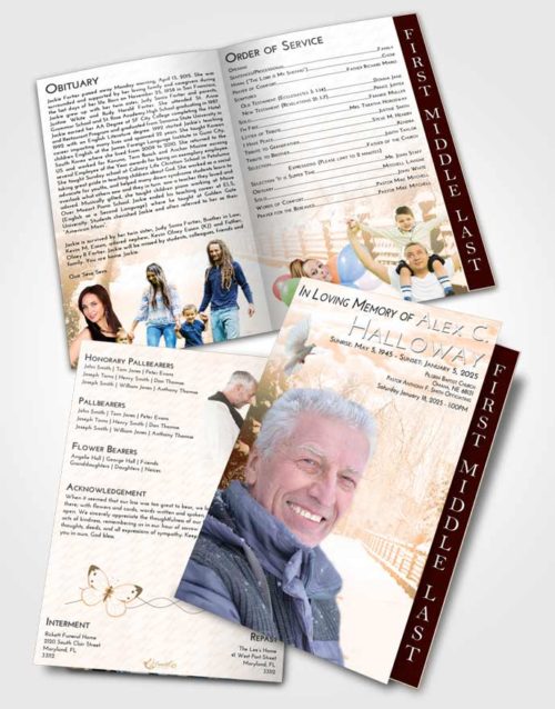 2 Page Graduated Step Fold Funeral Program Template Brochure Soft Dusk Snow Walk