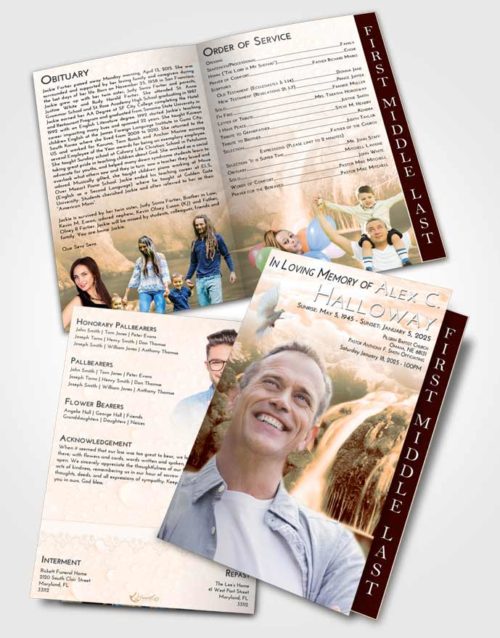 2 Page Graduated Step Fold Funeral Program Template Brochure Soft Dusk Waterfall Paradise