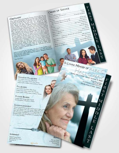2 Page Graduated Step Fold Funeral Program Template Brochure Soft Emerald Love Faith in the Cross