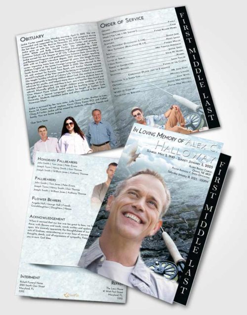 2 Page Graduated Step Fold Funeral Program Template Brochure Soft Emerald Love Fishing on the Rocks