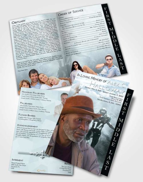 2 Page Graduated Step Fold Funeral Program Template Brochure Soft Emerald Love Football Serenity