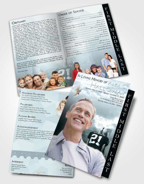 2 Page Graduated Step Fold Funeral Program Template Brochure Soft Emerald Love Football Victory