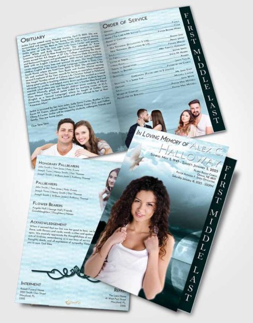 2 Page Graduated Step Fold Funeral Program Template Brochure Soft Emerald Love Illuminated Evening