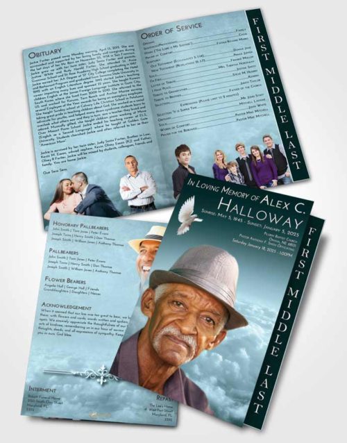 2 Page Graduated Step Fold Funeral Program Template Brochure Soft Emerald Love Return to the Clouds