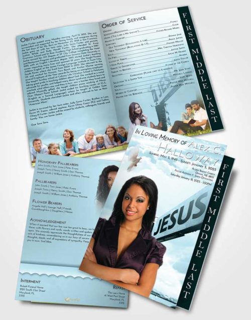 2 Page Graduated Step Fold Funeral Program Template Brochure Soft Emerald Love Road to Jesus