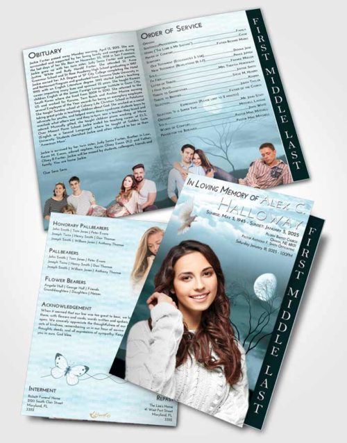 2 Page Graduated Step Fold Funeral Program Template Brochure Soft Emerald Love Soft Moonlight