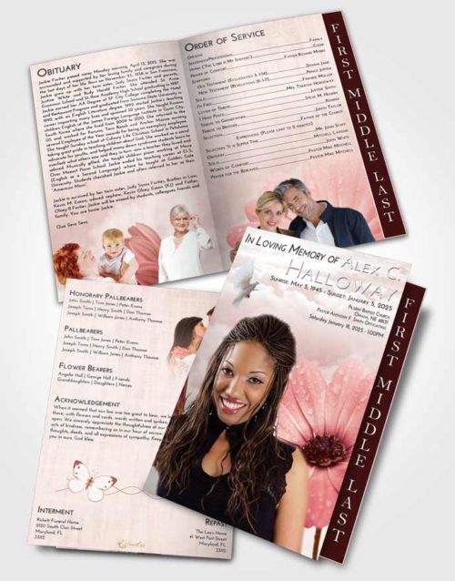 2 Page Graduated Step Fold Funeral Program Template Brochure Strawberry Love Floral Raindrops