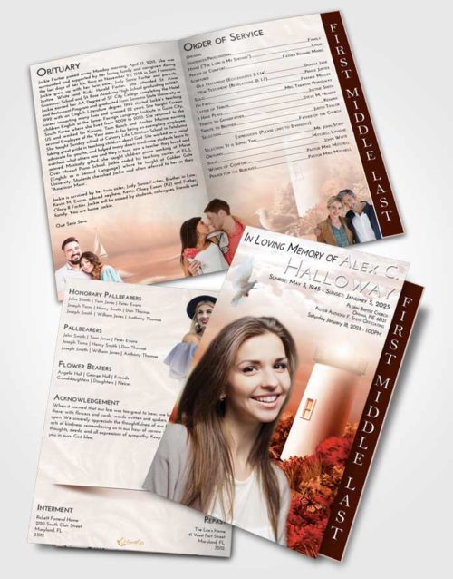 2 Page Graduated Step Fold Funeral Program Template Brochure Strawberry Love Lighthouse Mystery