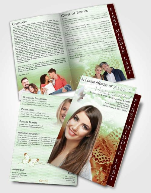 2 Page Graduated Step Fold Funeral Program Template Brochure Strawberry Mist Butterfly Peace