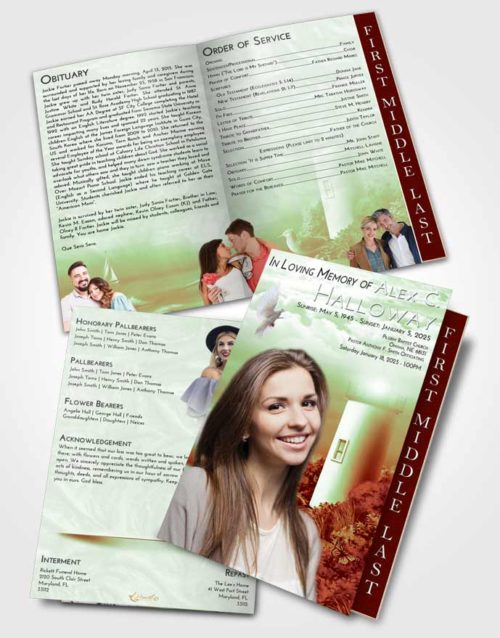 2 Page Graduated Step Fold Funeral Program Template Brochure Strawberry Mist Lighthouse Mystery