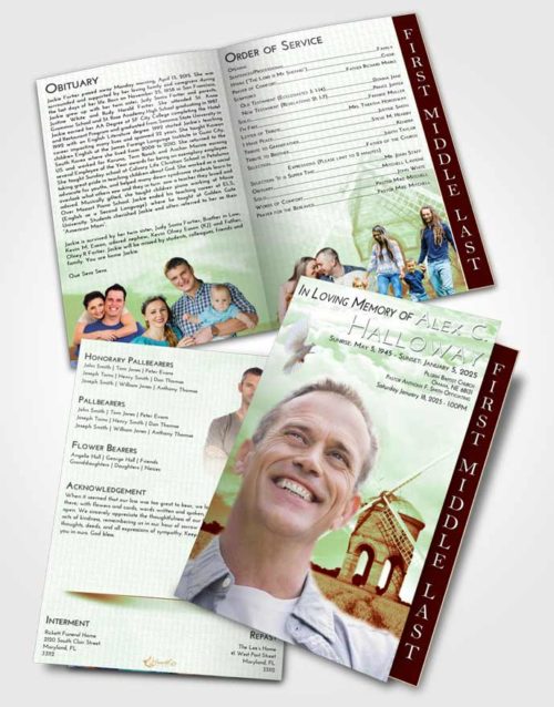 2 Page Graduated Step Fold Funeral Program Template Brochure Strawberry Mist Windmill of Honor