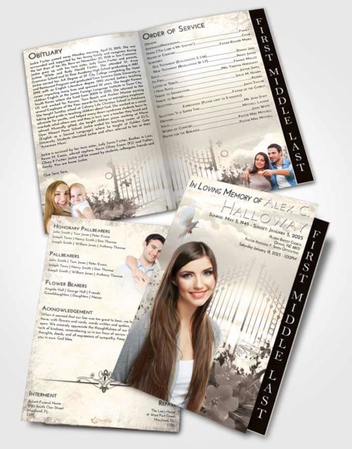 2 Page Graduated Step Fold Funeral Program Template Brochure Tranquil Flowery Gates to Heaven