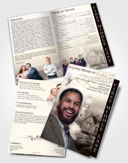 2 Page Graduated Step Fold Funeral Program Template Brochure Tranquil Lighthouse Lookout