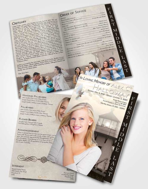 2 Page Graduated Step Fold Funeral Program Template Brochure Tranquil Lighthouse Surprise