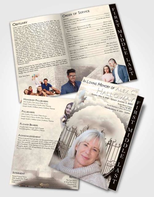2 Page Graduated Step Fold Funeral Program Template Brochure Tranquil Mystical Gates of Heaven
