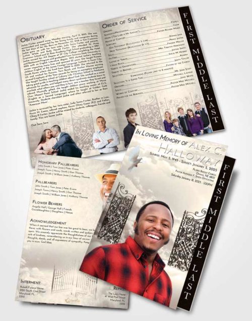 2 Page Graduated Step Fold Funeral Program Template Brochure Tranquil Pearly Gates of Heaven