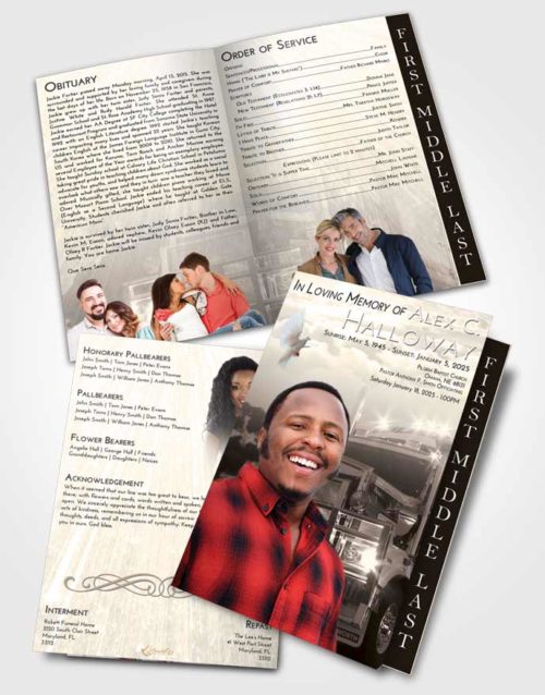 2 Page Graduated Step Fold Funeral Program Template Brochure Tranquil Trucker Dreams