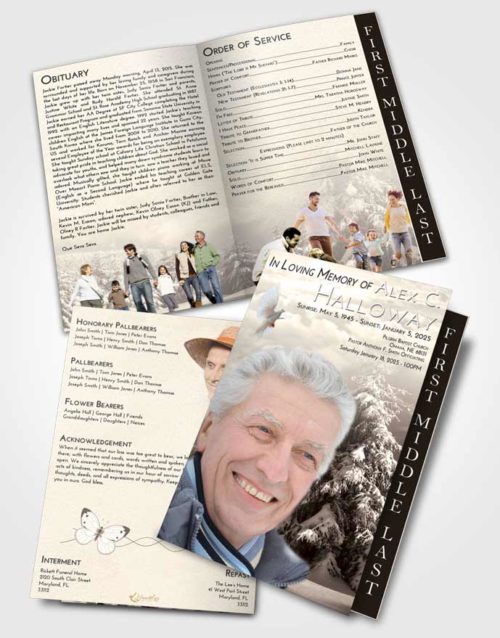 2 Page Graduated Step Fold Funeral Program Template Brochure Tranquil Winter Wonderland