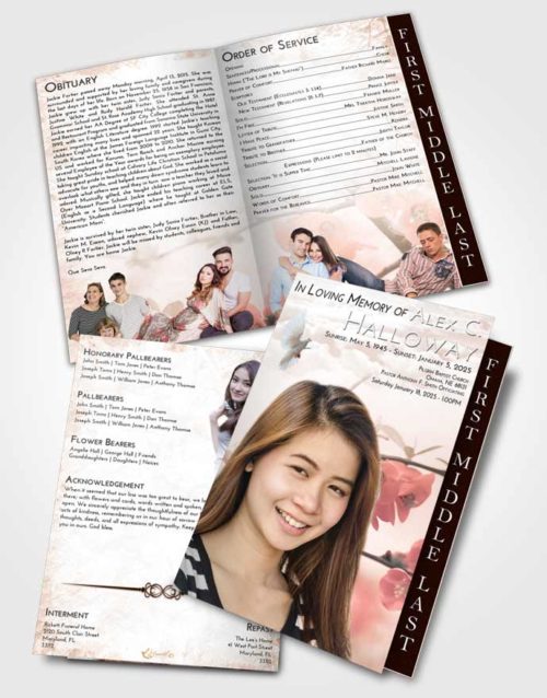 2 Page Graduated Step Fold Funeral Program Template Brochure Vintage Love Floral Blossoms