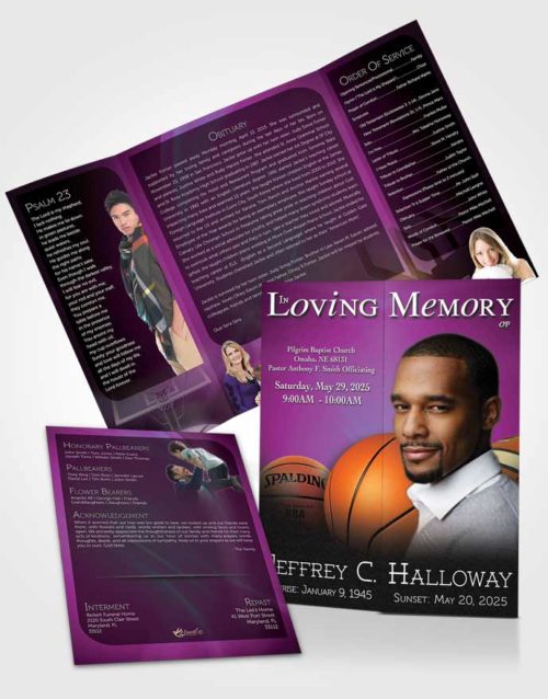 Obituary Funeral Template Gatefold Memorial Brochure Amethyst Rain Basketball Lover Dark