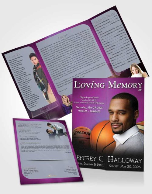 Obituary Funeral Template Gatefold Memorial Brochure Amethyst Rain Basketball Lover Dark