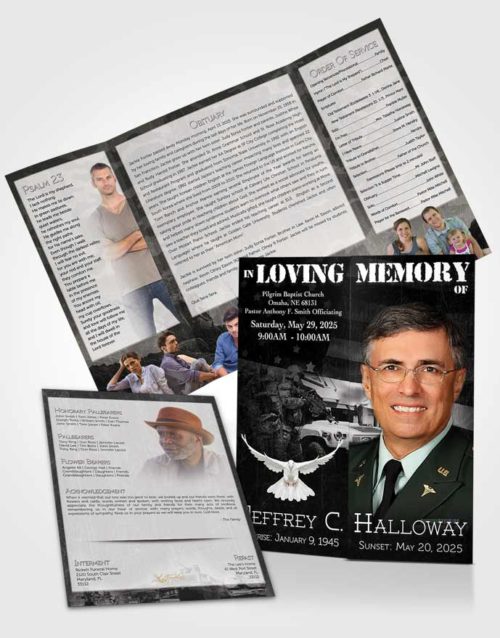 Obituary Funeral Template Gatefold Memorial Brochure Black and White Army Salute