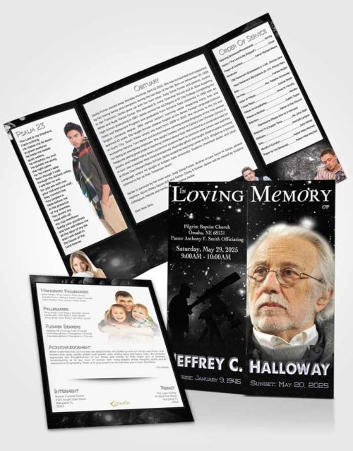 Obituary Funeral Template Gatefold Memorial Brochure Black and White Astronomers Sky