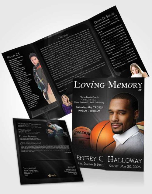 Obituary Funeral Template Gatefold Memorial Brochure Black and White Basketball Lover Dark