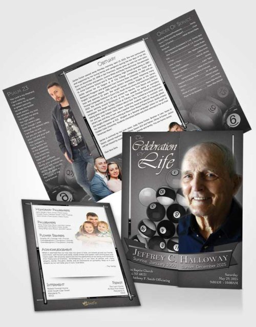 Obituary Funeral Template Gatefold Memorial Brochure Black and White Billiards Desire