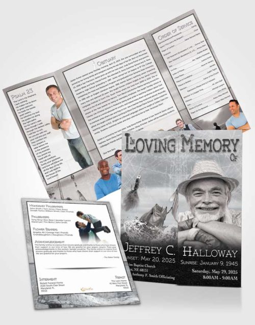 Obituary Funeral Template Gatefold Memorial Brochure Black and White Calm Fisherman