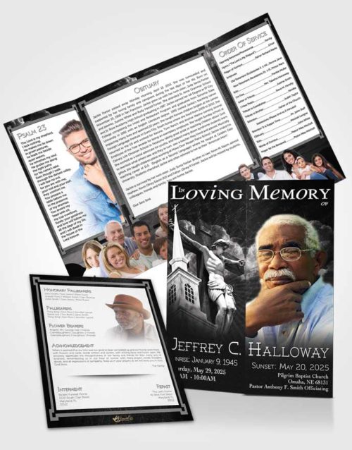 Obituary Funeral Template Gatefold Memorial Brochure Black and White Christian Faith