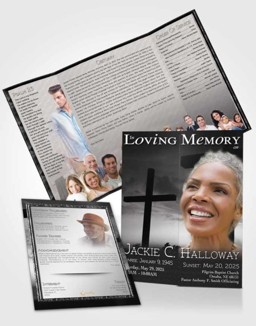 Obituary Funeral Template Gatefold Memorial Brochure Black and White Cross in the Sky