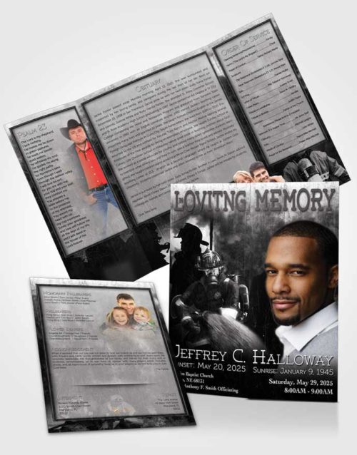 Obituary Funeral Template Gatefold Memorial Brochure Black and White Firefighter